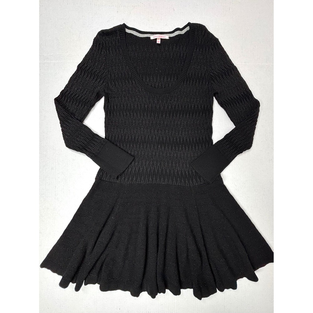 Victoria's Secret Sparkle Knit Fit Flare Dress Large Long Sleeve Stretch BLK EUC